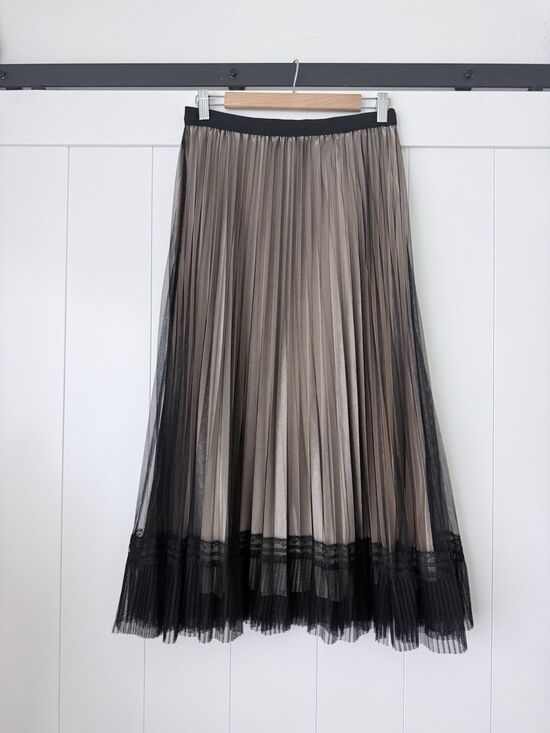 Calligraphie Dresses & Skirts - Pleated Mesh Lace Midi Maxi Skirt Black Champagne Calligraphie M Boho Romantic